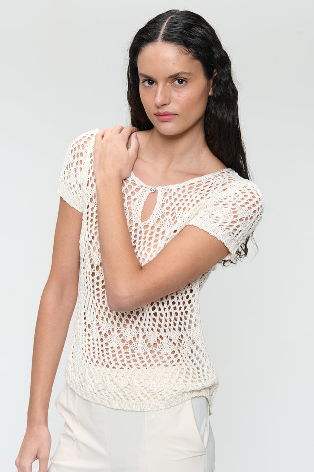 Openwork knit top with sequins 9041 | Off White